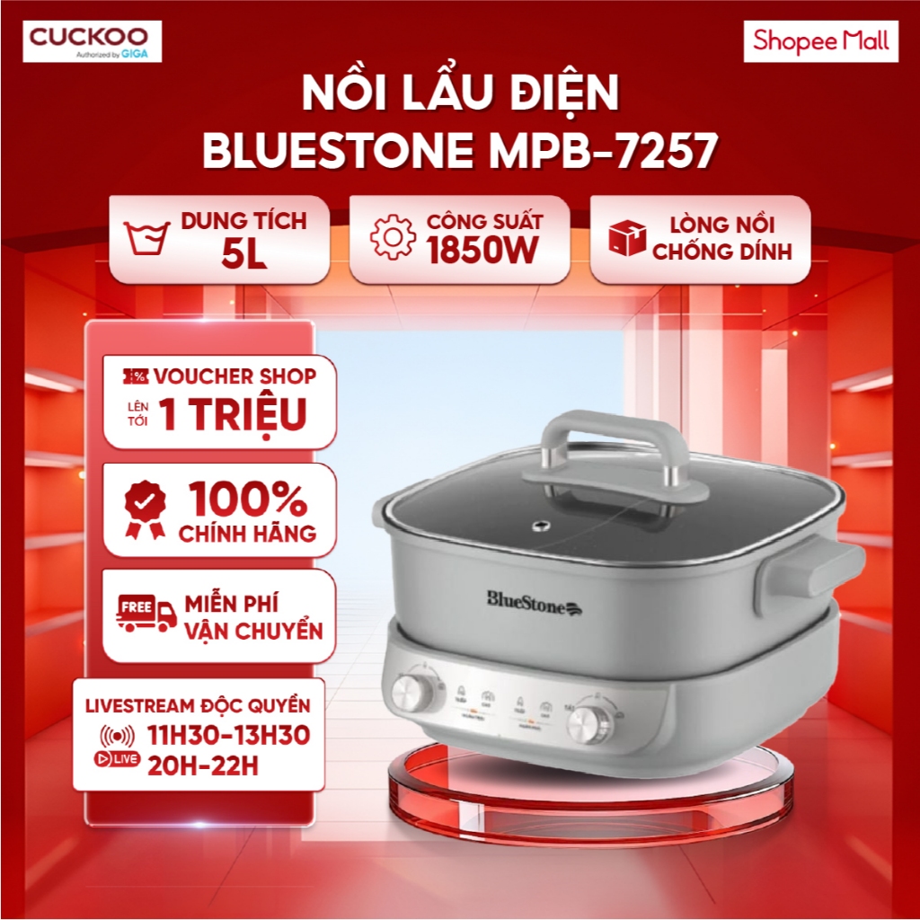 Nồi lẩu điện đa năng BlueStone MPB-7257 5L - Công suất 1850W - Lòng nồi chống dính - Điều khiển núm 