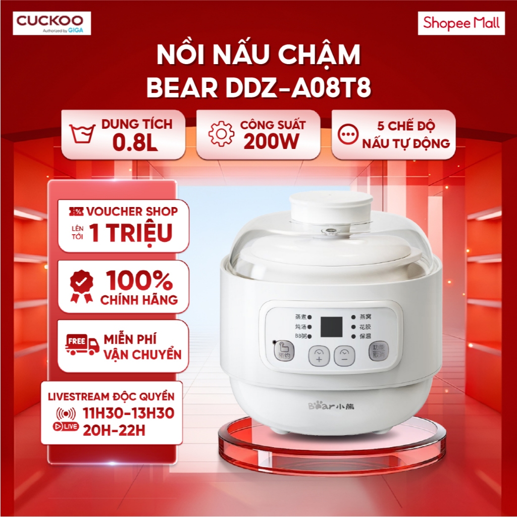 Nồi nấu chậm Bear 0.8L DDZ-A08T8 - Công suất 200W - 5 chế độ nấu tự động - Hẹn giờ linh hoạt lên tới