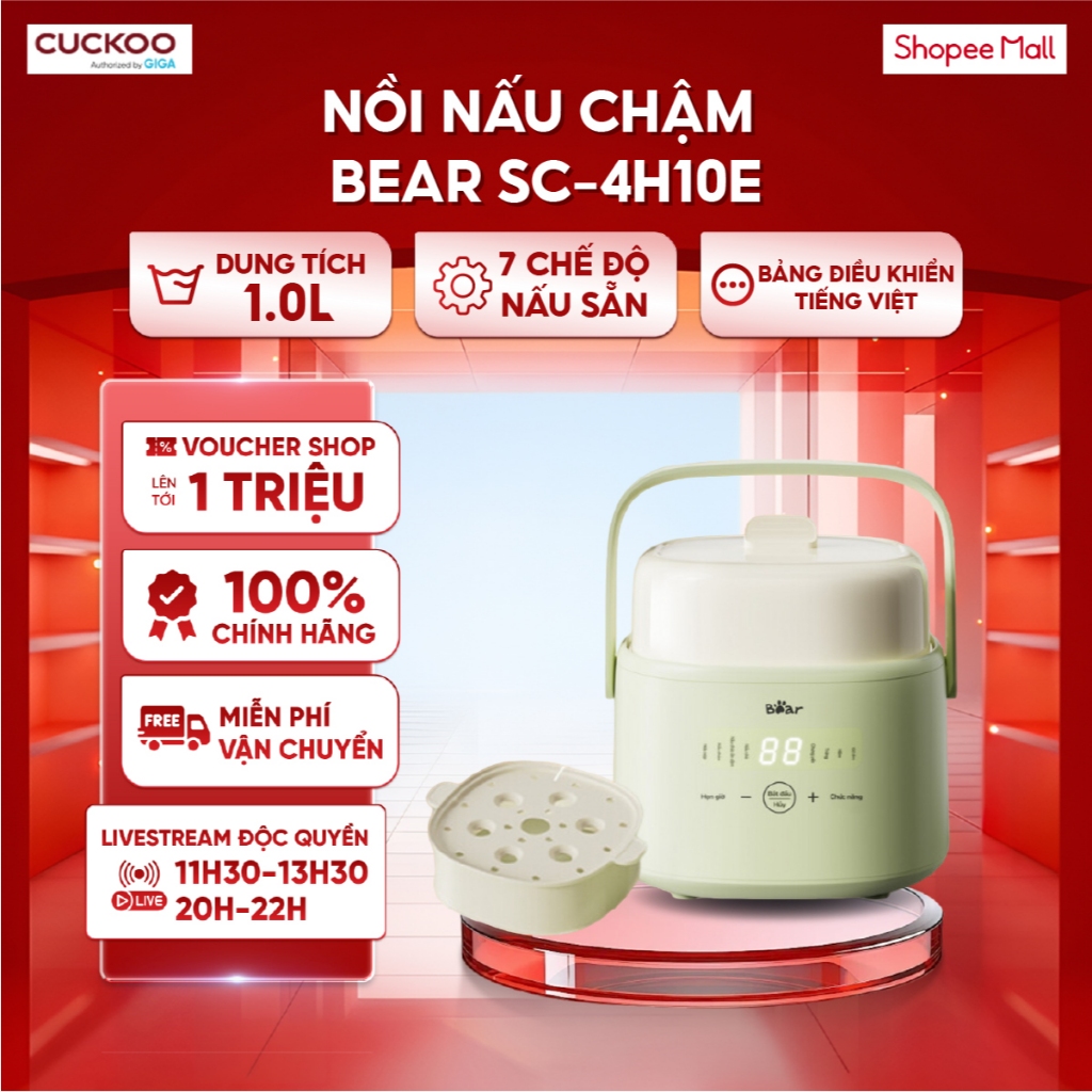 Nồi nấu chậm Bear SC-4H10E 1.0L - 7 chế độ nấu sẵn - Giữ ấm 24h - Bảng điều khiển tiếng Việt