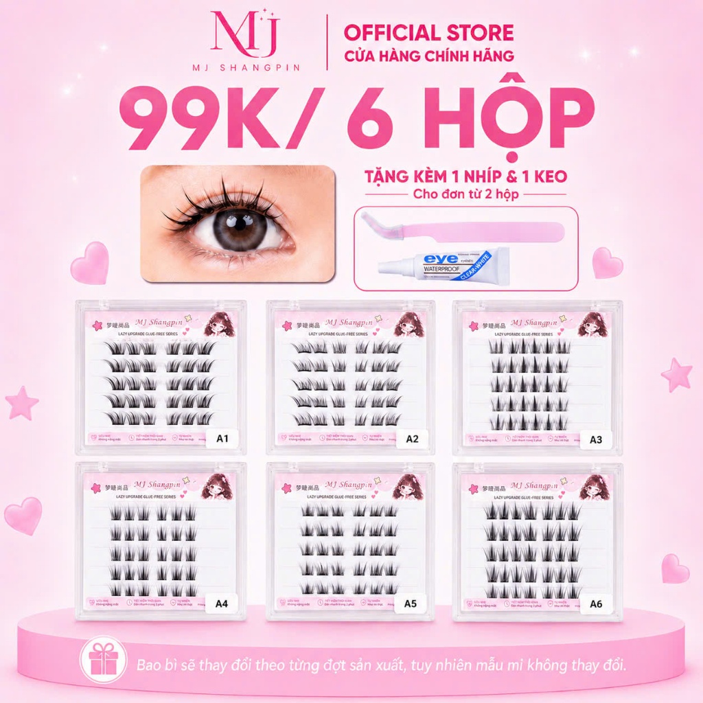 6 hộp/99k Lông Mi giả sẵn keo, Mi tự dính, Mi giả tái sử dụng, chống nước 24H, dáng Hàn Quốc.