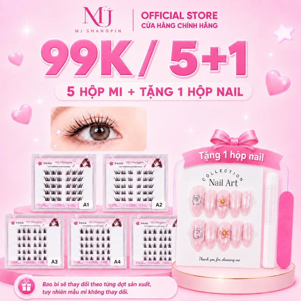 99k/5 hộp mi + 1 hộp nail, Lông Mi giả sẵn keo, Mi tự dính, Mi giả tái sử dụng, chống nước 24H, dáng