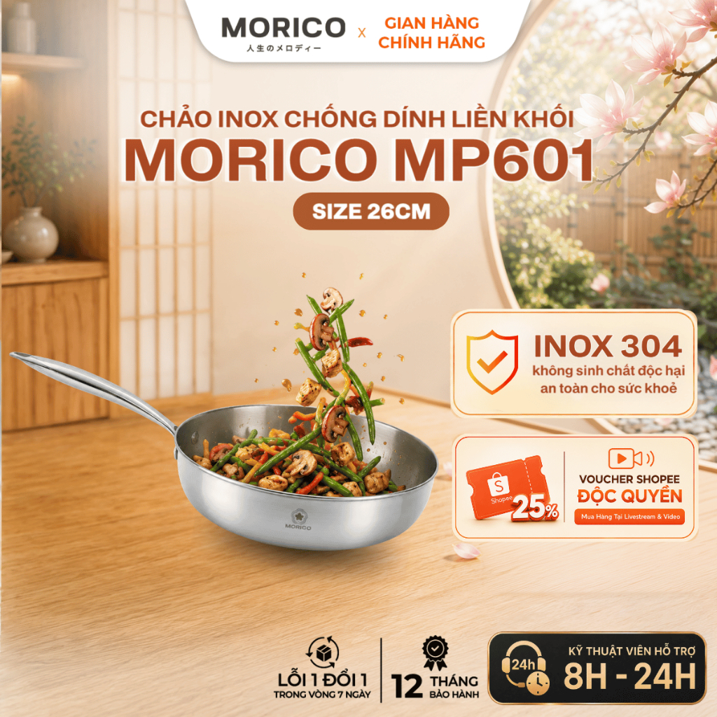 Chảo inox nguyên khối MORICO MP600 24cm, chảo inox 3 lớp chống sước kèm vung dùng mọi loại bếp BH 12
