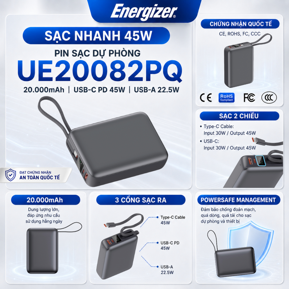Sạc Dự Phòng Energizer 20000mAh Max 45W Sạc Nhanh PD cho iPhone/ Samsung, Chính Hãng, Bảo Hành 1 Năm | BigBuy360 - bigbuy360.vn