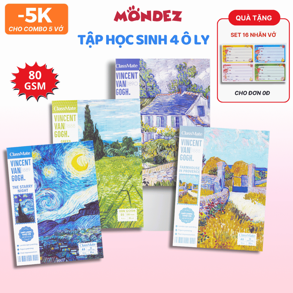 Tập Học Sinh A5 Kẻ 4 Ô Ly VanGogh CLASSMATE Giấy 80gsm Không Lem Mực Bìa Dày Chống Nước, Vở Ô Li 96 