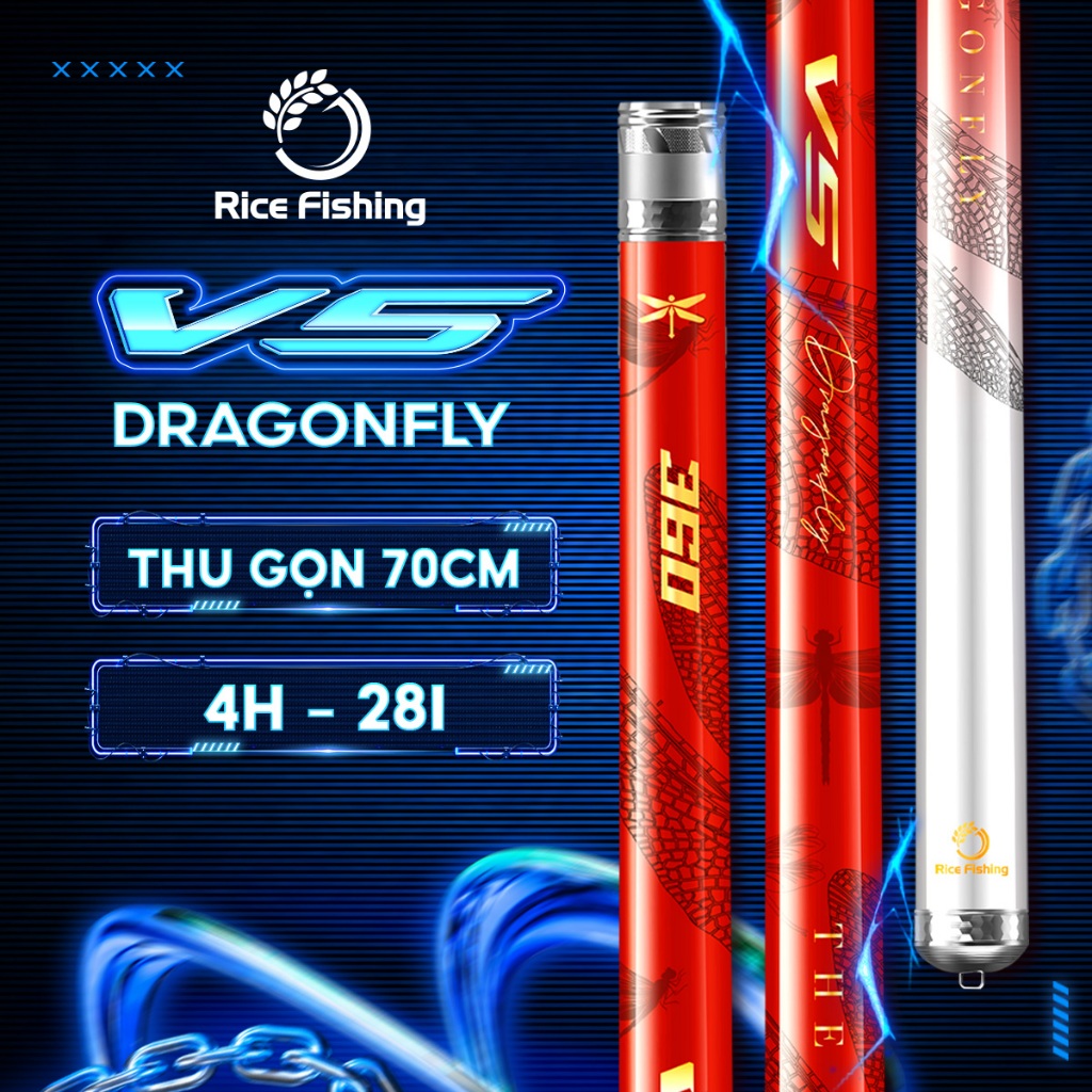 Cần câu đài rút gọn V5 Dragonfly Rice Fishing câu cá trôi, chép, diếc carbon 36T + 40T CC-46