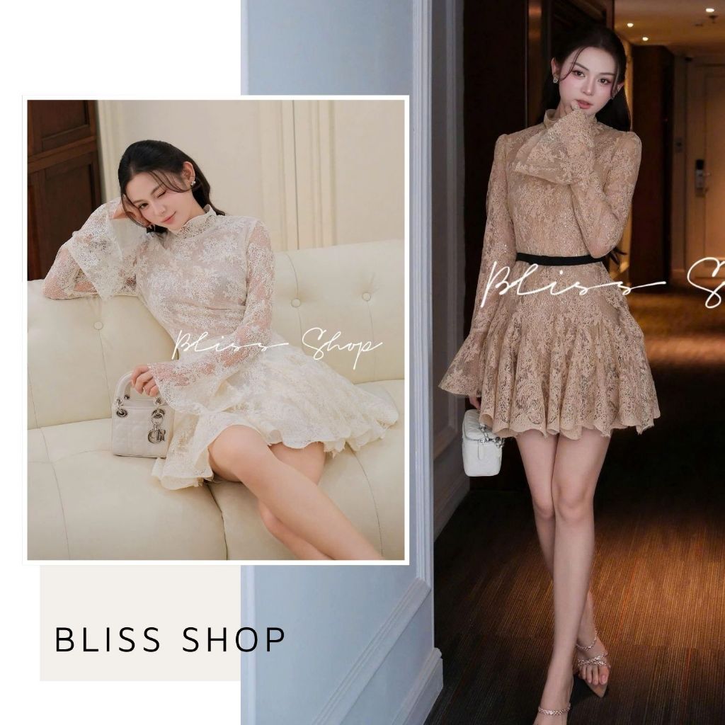 [Thiết Kế Cao Cấp] Đầm Váy Ren Dáng Ngắn Tay Bèo Chiết Eo Tôn Dáng Tiểu Thư Sang Chảnh Bliss Shop - 