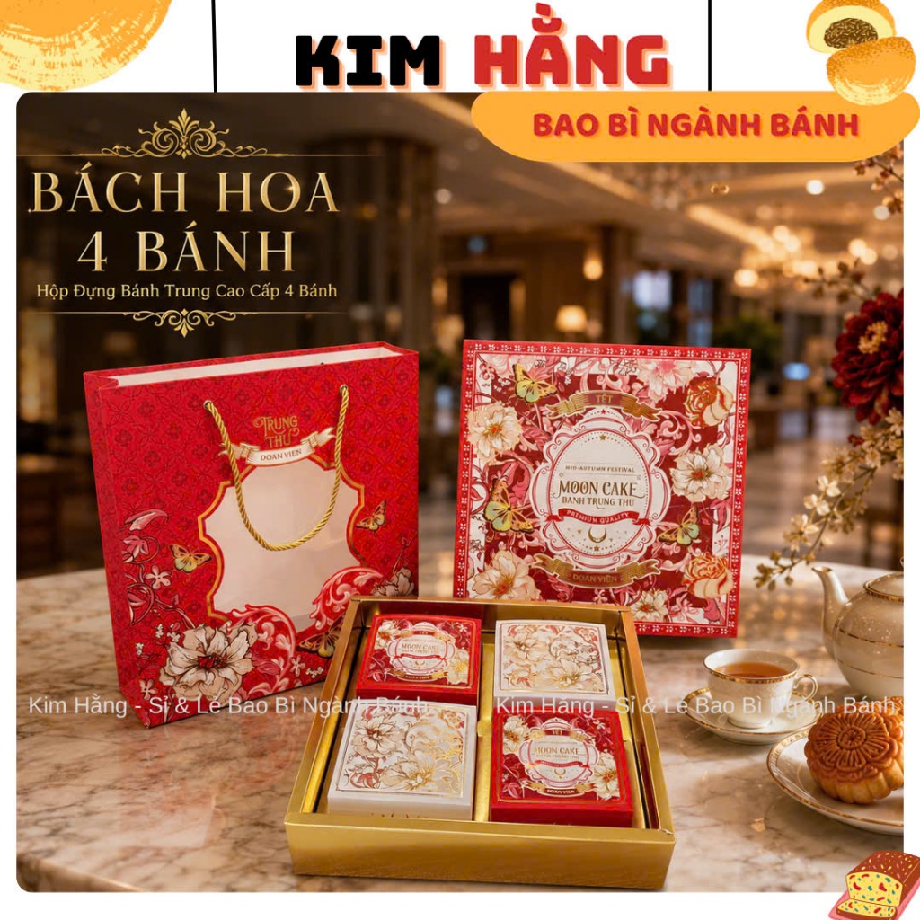 Hộp Đựng Trung Thu 4 Bánh BÁCH HOA - Hộp Đựng 4 Bánh Trung Thu 150gr - 250gr . MẪU MỚI 2026