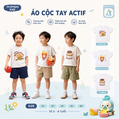 Áo cộc tay cho bé Mompa 2-6 tuổi vải Cotton Actif co giãn thấm hút nhanh khô DQ MP 0526