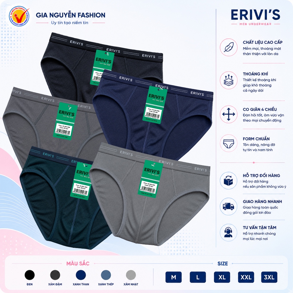 1 chiếc quần lót nam, thương hiệu Erivi's Việt Nam, chất liệu cotton thông hơi, co giãn 4 chiều