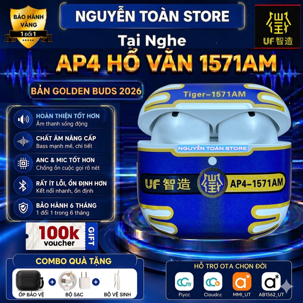 Tai Nghe Hổ Vằn AP4 1571AM, Bản GOLDEN BUDS UF 2026, Bluetooth 5.4, Chống Ồn Chủ Động 45db, Âm Thanh