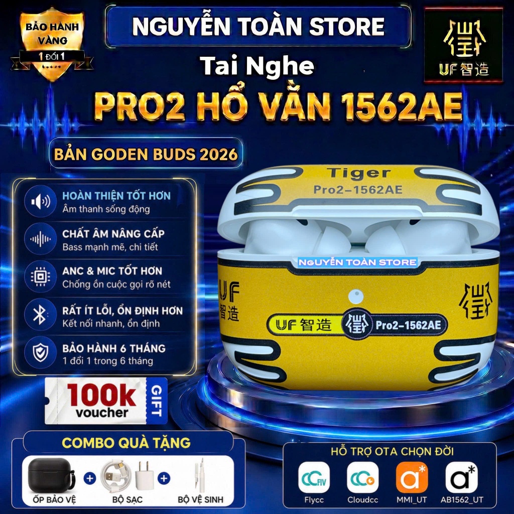 Tai Nghe Hổ Vằn PRO2 1562AE, Bản GOLDEN BUDS 2026, Popup, Chống Ồn Chủ Động 45db, Âm Thanh Không Gia