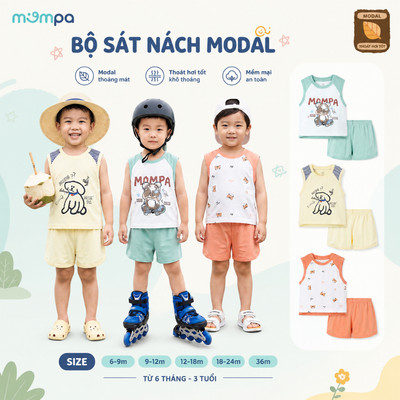 Bộ sát nách cho bé Mompa ba lỗ 6 tháng - 3 tuổi vải Modal thấm hút hoáng khí co giãn DQ MP 0485