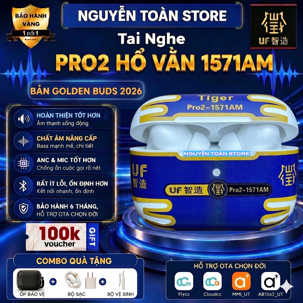 Tai Nghe Hổ Vằn PRO2 1571AM, Bản GOLDEN BUDS UF 2026, Bluetooth 5.4, Chống Ồn Chủ Động 48db, Âm Than