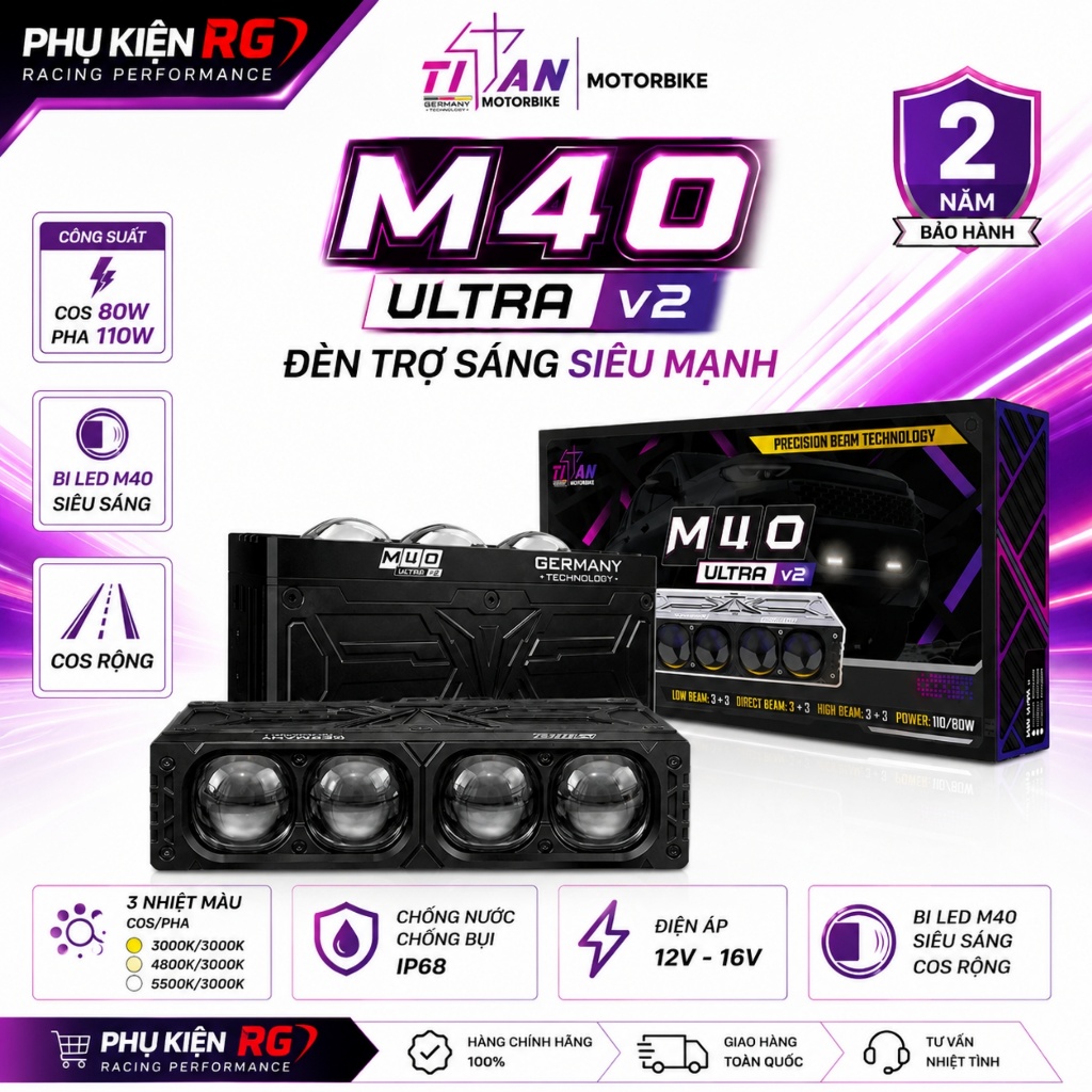 Đèn Trợ Sáng M40 Ultra Titan V2 Chính Hãng Công Suất 80W/110W , Bi LED M40 Siêu Sáng Cos Rộng - Bảo 