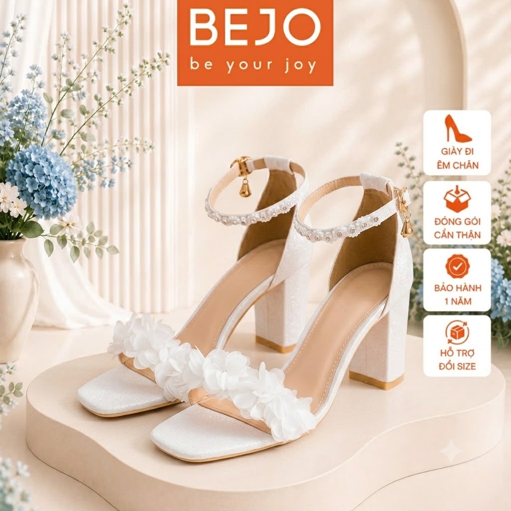 Giày Cao Gót Nữ Cao Cấp BEJO S46.04 Quai Ngang Đính Hoa Lụa Vòng Cổ Chân - Giày Cưới Cô Dâu Đi Êm Chân