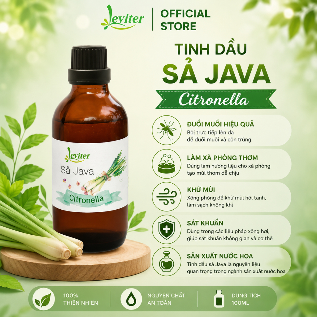 Tinh dầu Sả Java Leviter-100ml làm xịt phòng , nến thơm, nguyên liệu dùng trong sản xuất nhang xua đuổi muỗi