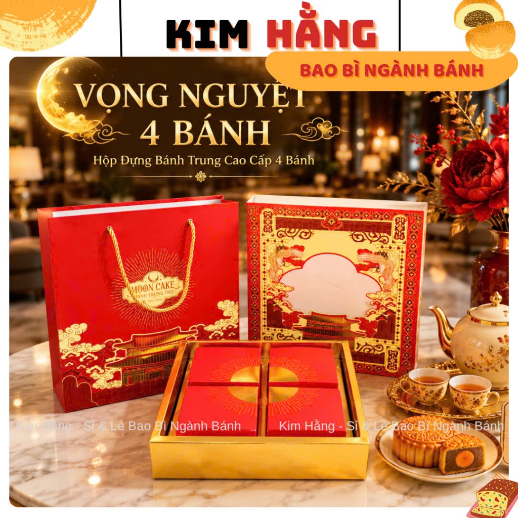 Hộp Đựng 4 Bánh Trung Thu VỌNG NGUYỆT - Hộp Đựng 4 Bánh Trung Thu 150gr - 250gr . MẪU MỚI 2026