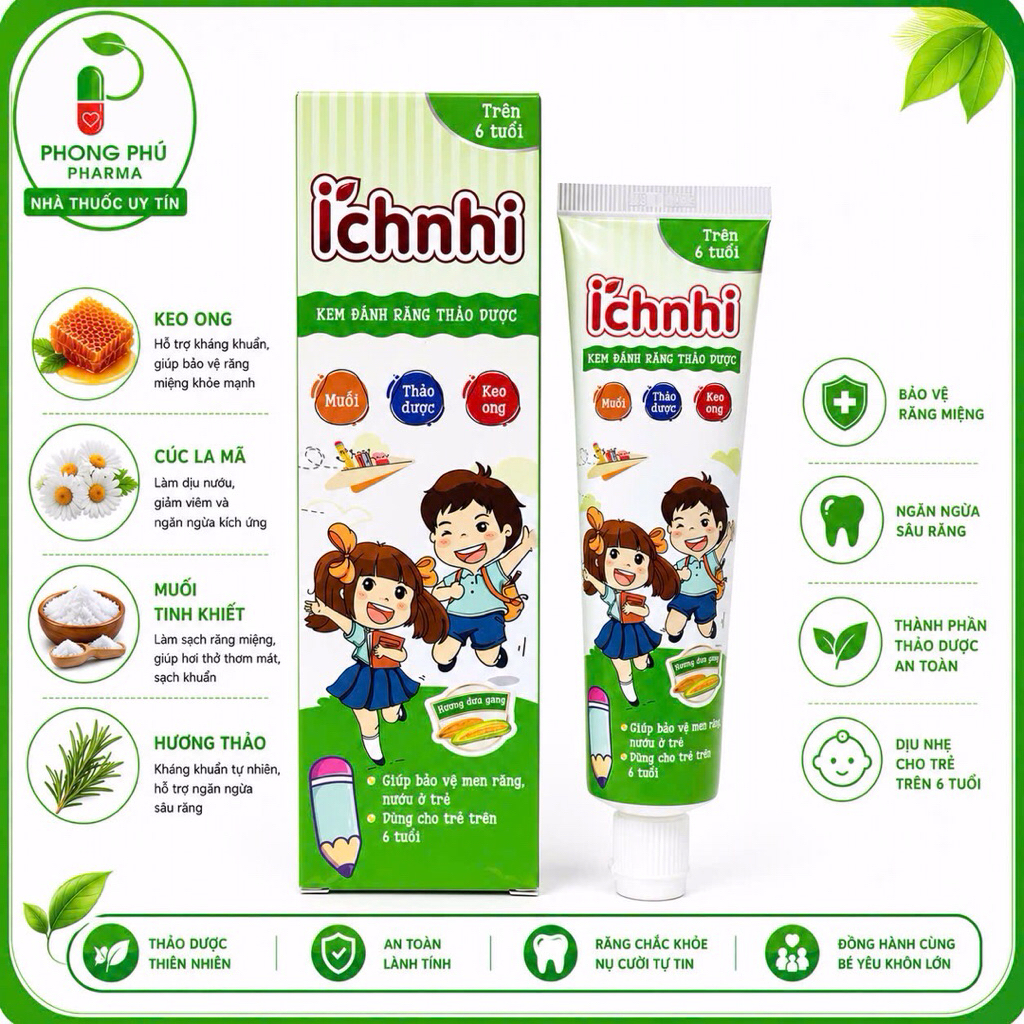 Kem Đánh Răng Thảo Dược Ích Nhi Trên 6 Tuổi Hương Dưa Gang 50g - Keo Ong, Cúc La Mã, Muối Tinh Khiết