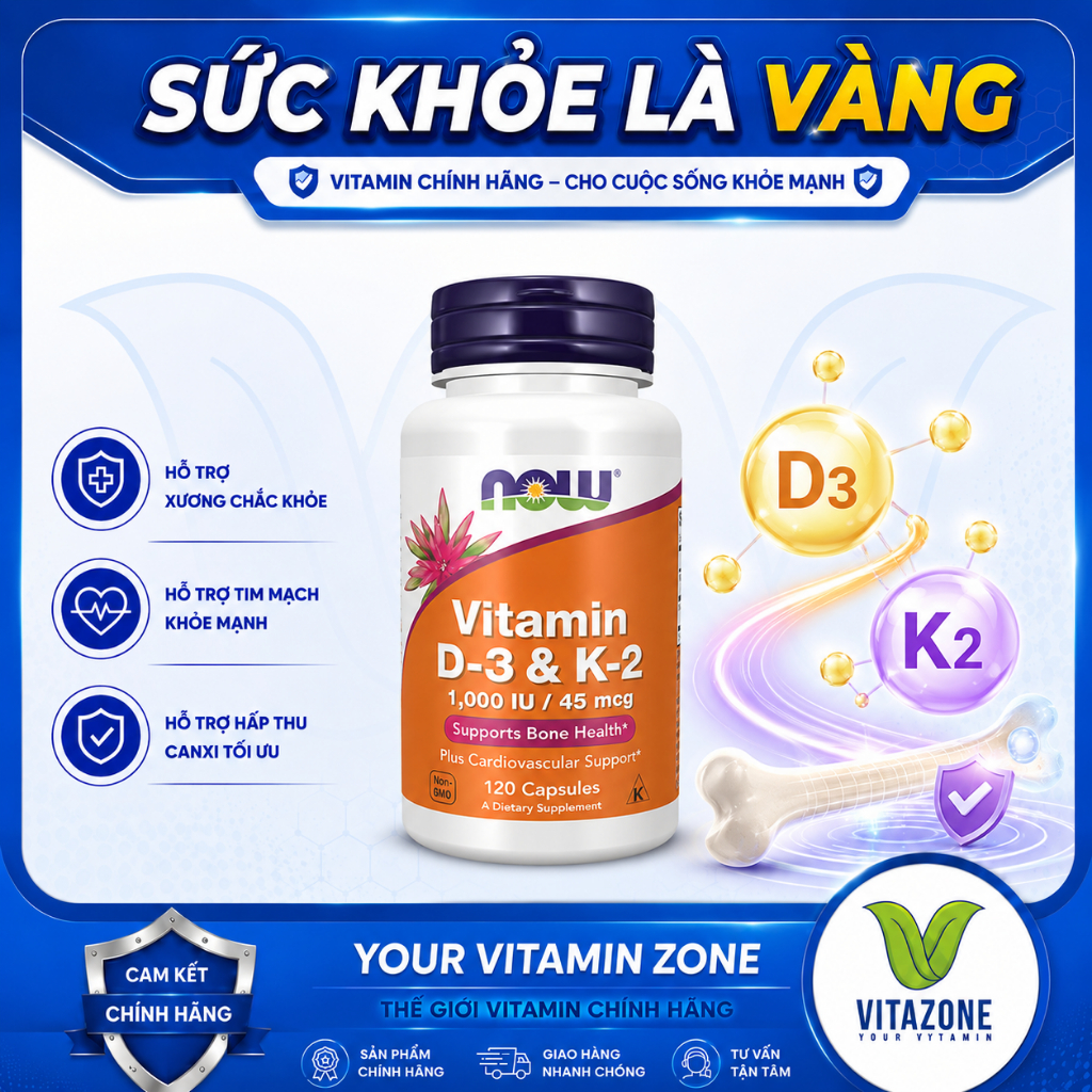 Viên uống thực phẩm Now Vitamin D3 1000iu & K 45ucg tăng cường đề kháng, xương khớp