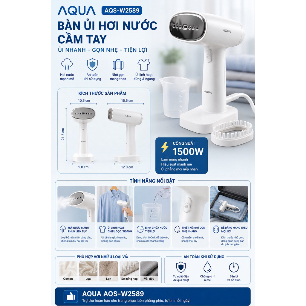Bàn Ủi Hơi Nước Cầm Tay AQA AQS-W2598
