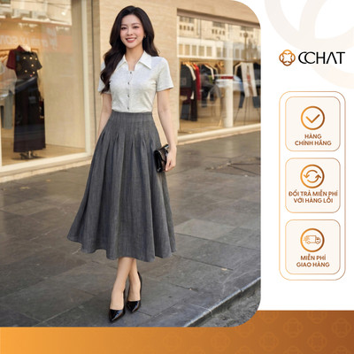 Chân Váy 𝐂𝐂𝐇𝐀𝐓 Dáng Xòe Midi Velia Cạp Liền Xếp Ly Chất Liệu Đũi Xước Cao Cấp 16CDS2036XT