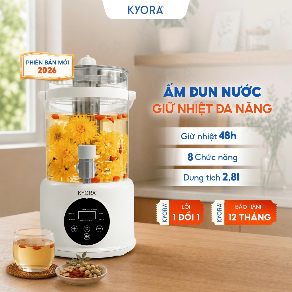 Ấm Đun Nước Giữ Nhiệt Đa Năng 8in1 Kyora - 2.8L Thủy Tinh Borosilicate - 8 Chức Năng - Giữ Ấm 48 Giờ