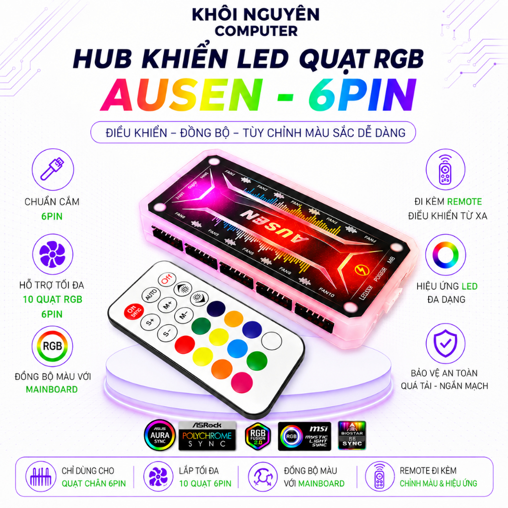 Hub Điều Khiển LED Ausen 6Pin RGB Cho Quạt Tản Nhiệt, Bộ Hub Sync Đèn PC, Điều Khiển Từ Xa