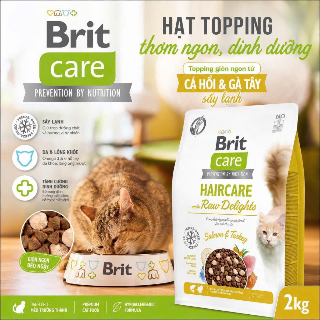 Hạt Cho Mèo Brit Care Cat Mix Topping Thịt Viên & Thịt Sấy, Hạt Brit Care Raw Delights Haircare Dưỡn