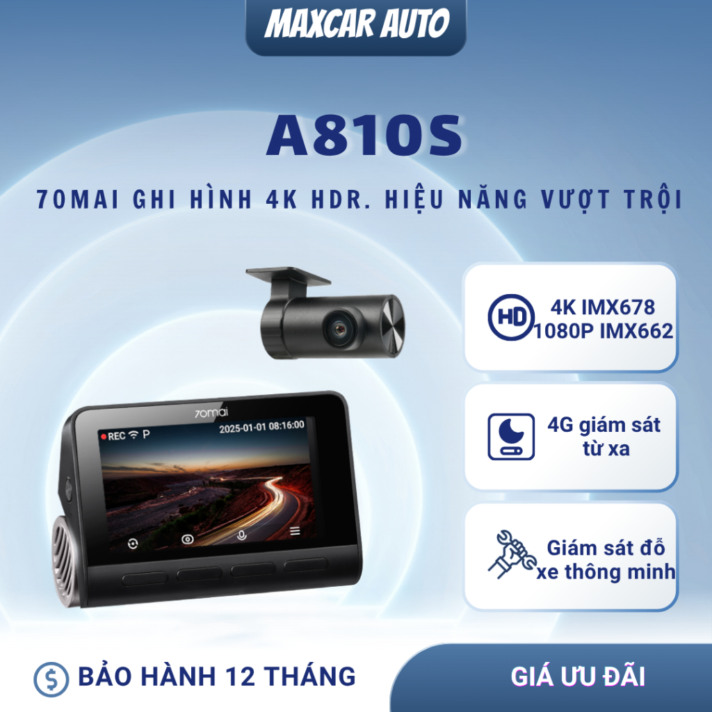 Camera hành trình 70mai 4K A810S HDR Dash Cam 2 mắt có giám sát từ xa