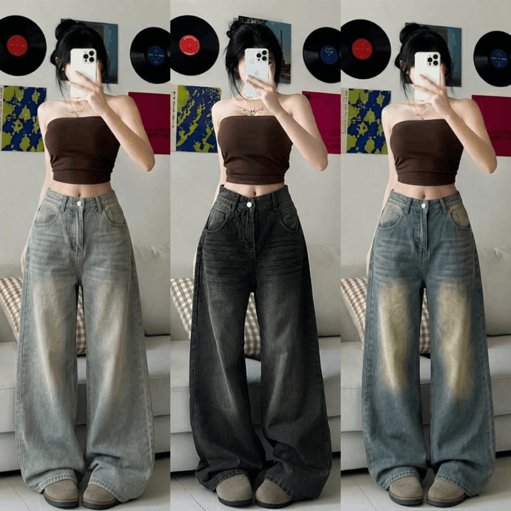 Quần Jean Xám Đen Wash Retro Suông Ống Rộng 28CM MIAA Lưng Cao Quần Jean Denim Mềm Form Rộng Dáng Dà
