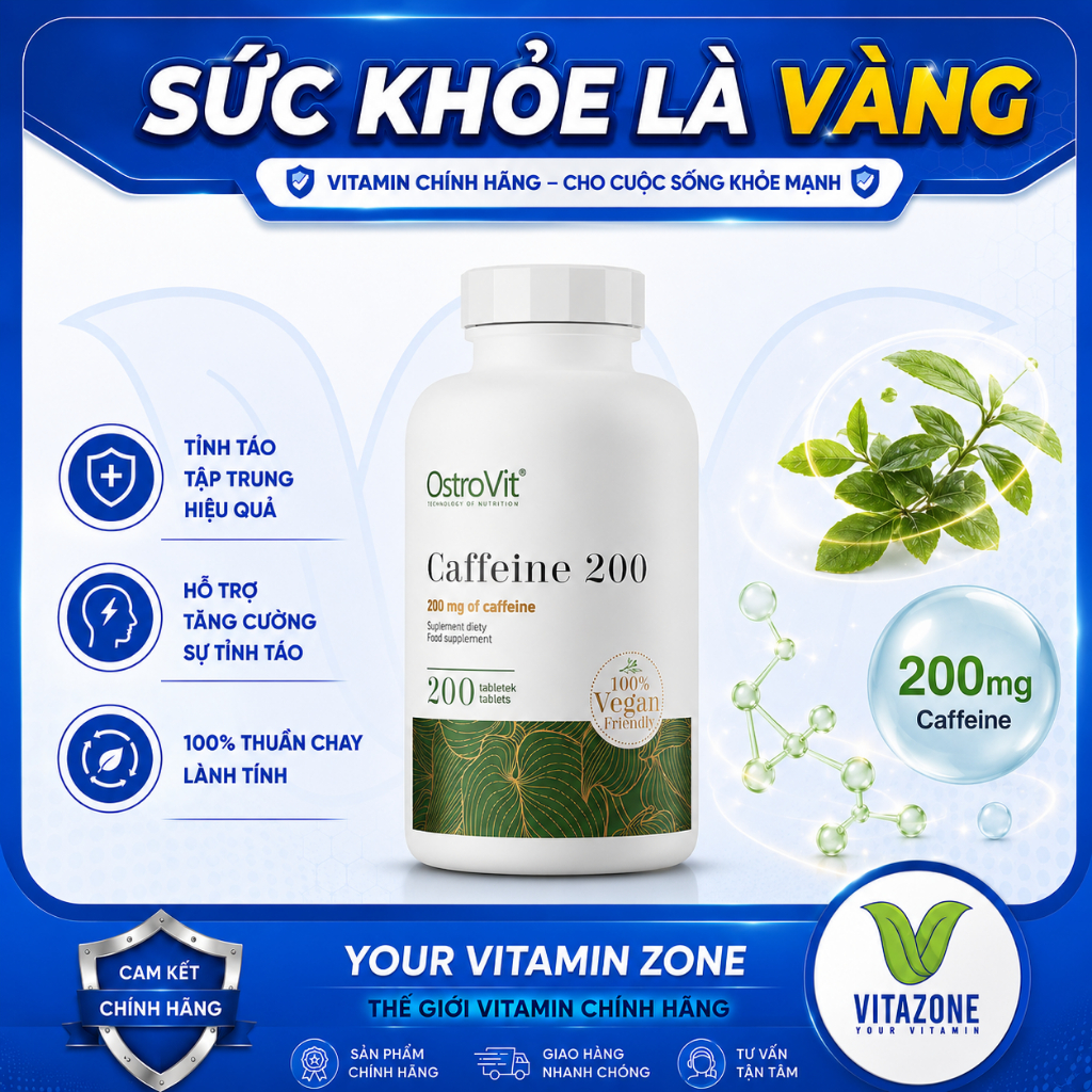 Ostrovit Caffeine 200mg - Viên Nén Tiện Dụng Cho Người Bận Rộn (200 Viên)