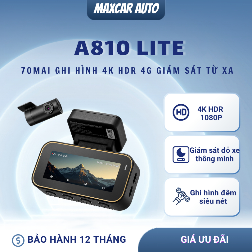 Camera 70mai 4K A810 Lite Ghi hình kép, Giám sát từ xa & Điều khiển giọng nói