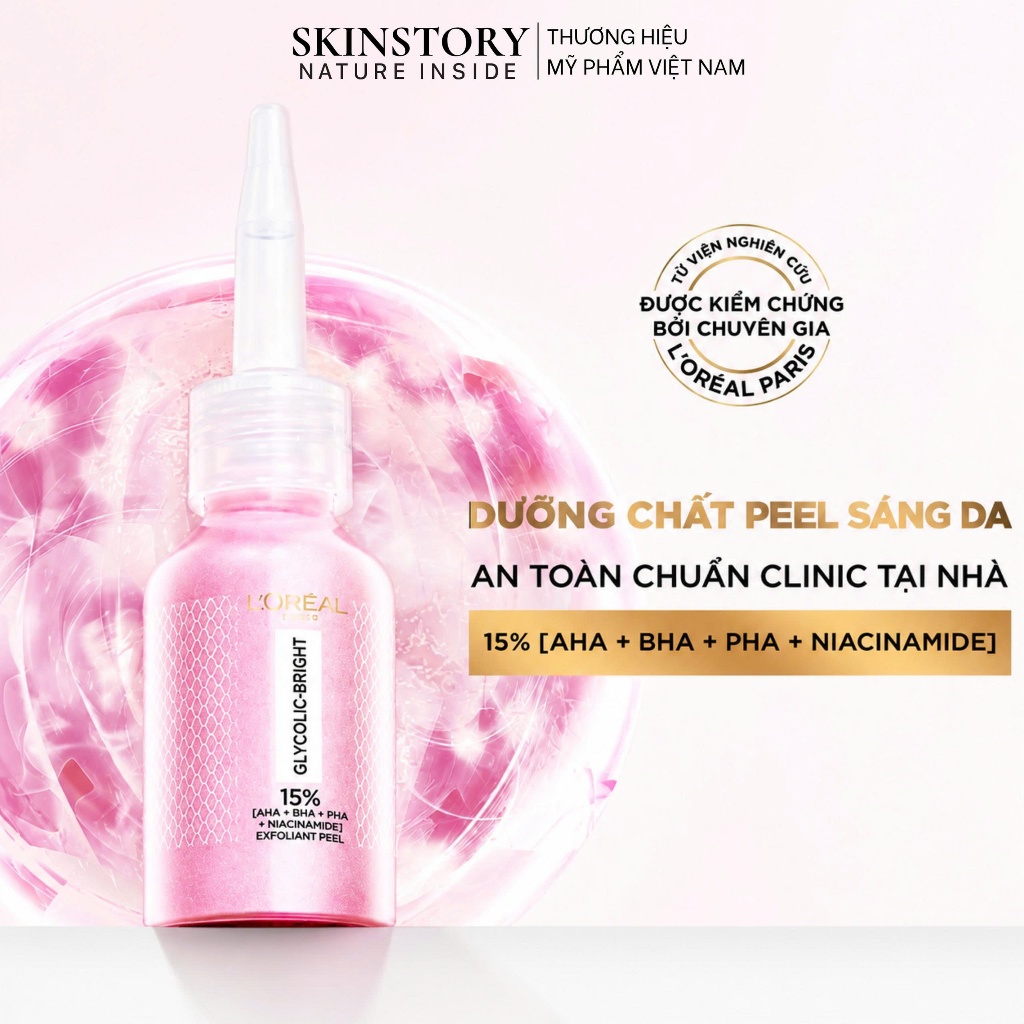 Peel da mặt Glycolic-Bright Loreal Paris 25ml x Skinstory Việt Nam, Peel sáng da, làm sạch tế bào ch