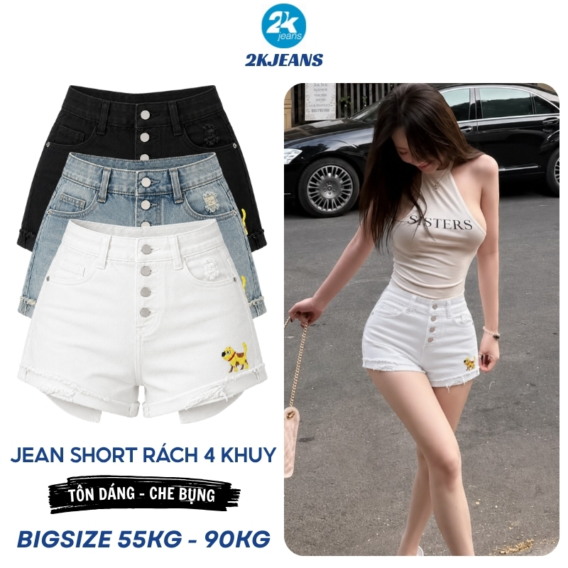 [VC 12% SP MỚI] Quần Short Jean Nữ Bigsize QC1320 Rách 4 Nút Túi Mini Thêu Cún Mặc Đi Biển 2KJEANS