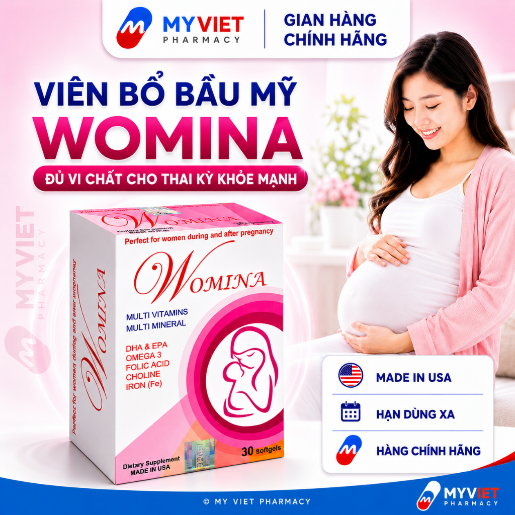 Bổ bầu WOMINA, Hàng nhập Mỹ, Hộp 30 viên, vỉ. Bổ sung Vi chất cho thai kỳ khỏe mạnh