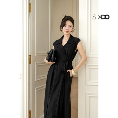 Đầm suông đen sách nách cổ V SIXDO (Black Woven Loose Dress)