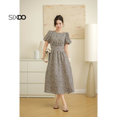 Đầm midi hoa nhí tay bồng SIXDO (Beige Floral Woven Flared Dress)