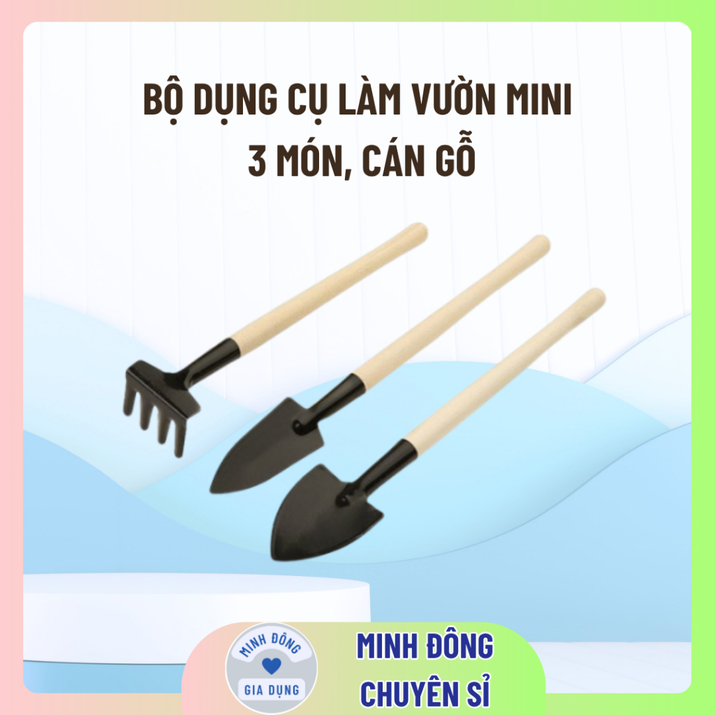 Bộ dụng cụ làm vườn mini, 3 món, cán gỗ