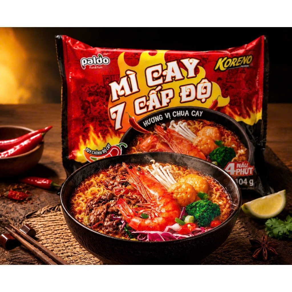 MÌ CAY 7 CẤP ĐỘ PREMIUM KORENO CHUA CAY Thùng 24 gói