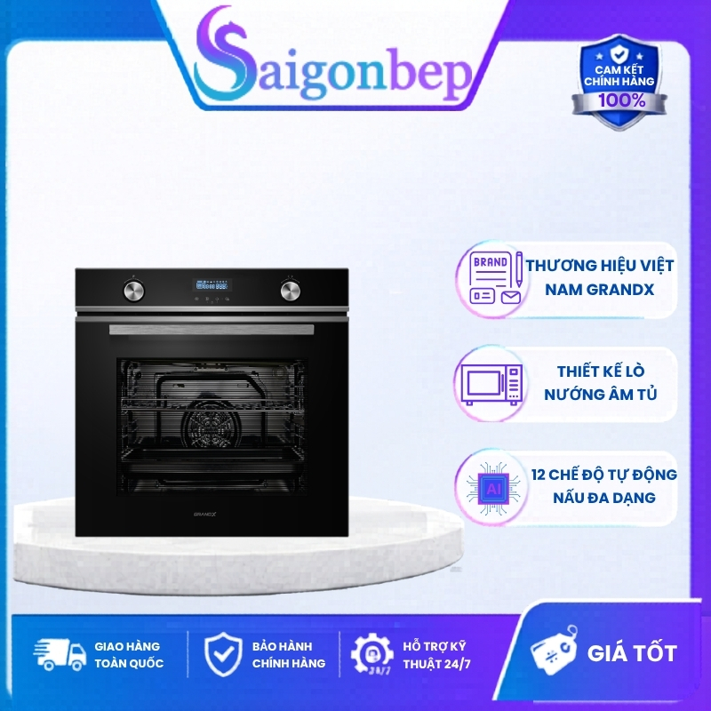 Lò Nướng Đối Lưu Grandx GX75V8 - Chiên Không Dầu, Nướng Xiên Quay, Kính Cách Nhiệt