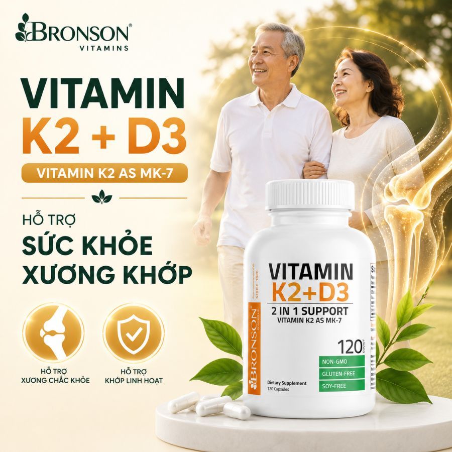 Viên uống Bronson Vitamin K2 + D3, Vitamin K2 as MK-7 Hỗ trợ xương khớp chắc khỏe