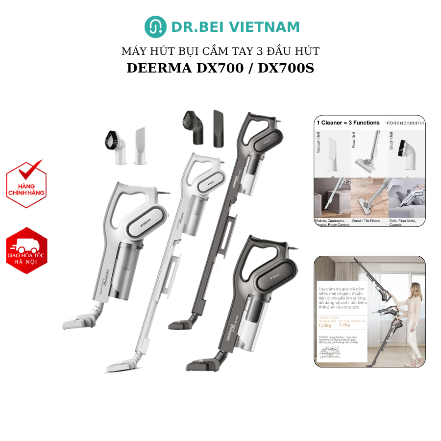 Máy hút bụi cầm tay Deerma DX700 DX700S lực hút 15kPa với 3 đầu hút, Công Nghệ Lốc Xoáy Pro Cyclone