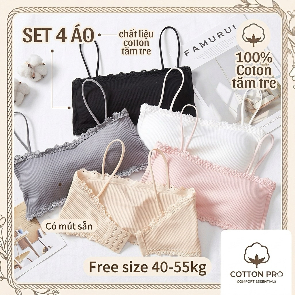 Combo 2 và 4 Áo lót nữ len tăm áo bra học sinh có đệm mút hai dây mềm mại cao cấp freesize 37-65kg B