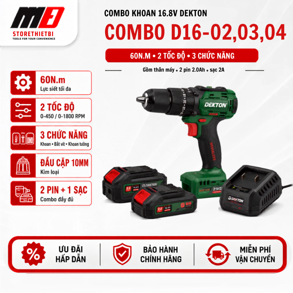 Combo Máy Khoan Pin Dekton D16-ID1060PRO 16.8V 60Nm Đầu Cặp 10mm Kèm 2 Pin D16-B2000TPVà Sạc D16-S20