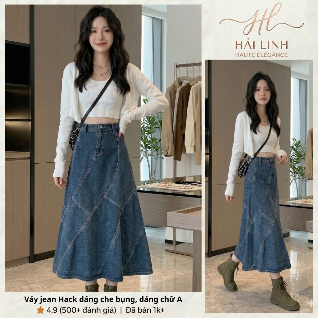 Chân Váy Jean Nữ Dáng Dài Đuôi Cá Cạp Cao Phối Chỉ Nổi Kẻ - [HL Denim] CV7