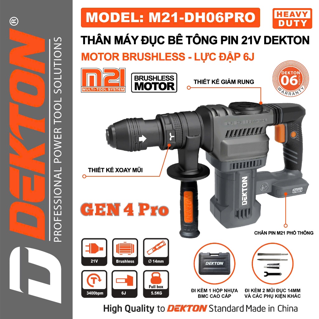 Máy Đục Pin 21V DEKTON M21-DH06PRO Gen 4 | Lực Đập 6J, Motor Không Chổi Than, Hàng Chính Hãng