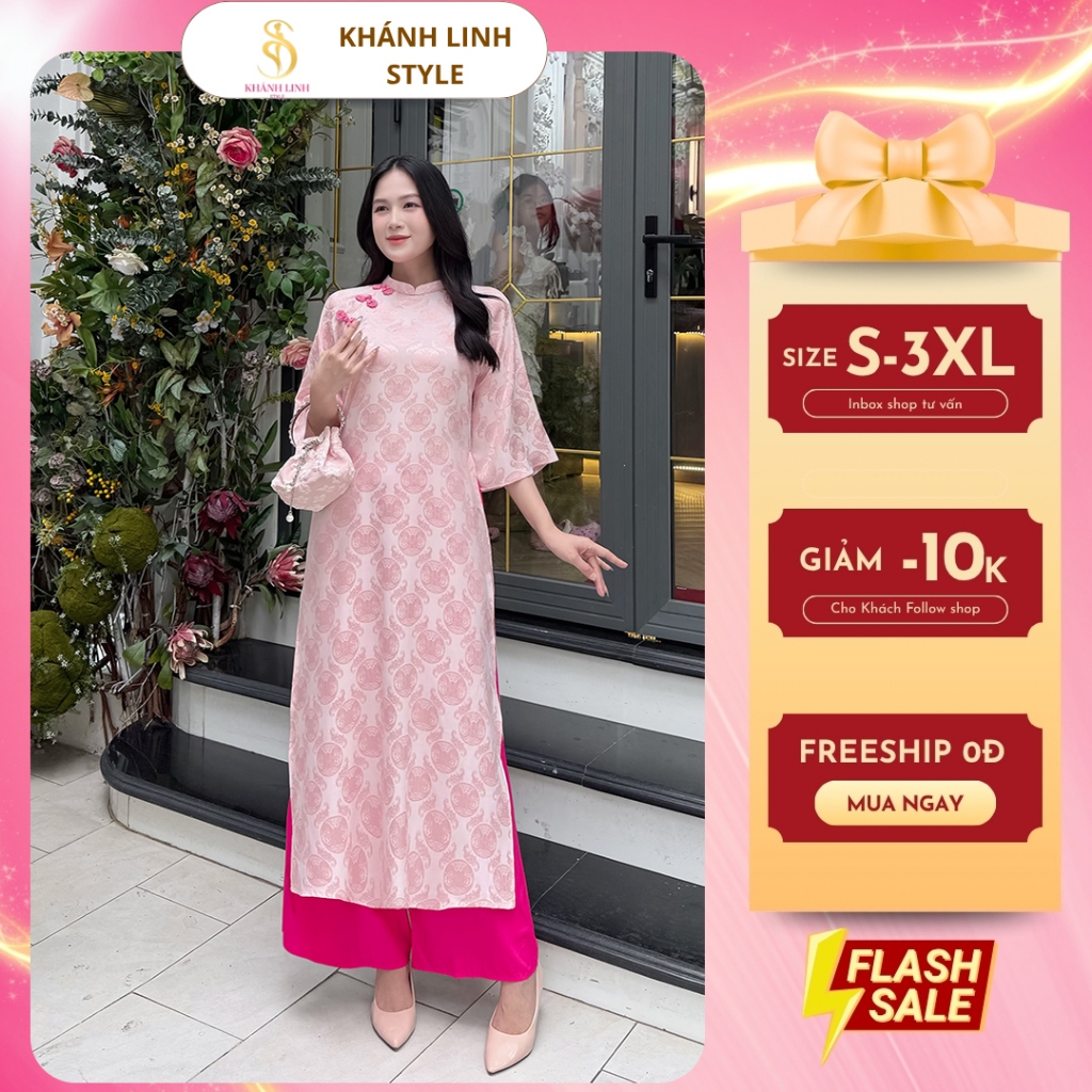 Áo Dài Gấm Cổ Trụ Nút Tàu Hoa Văn Thọ Dơi AD037 - Áo dài gấm thọ dơi Bigsize S-3XL