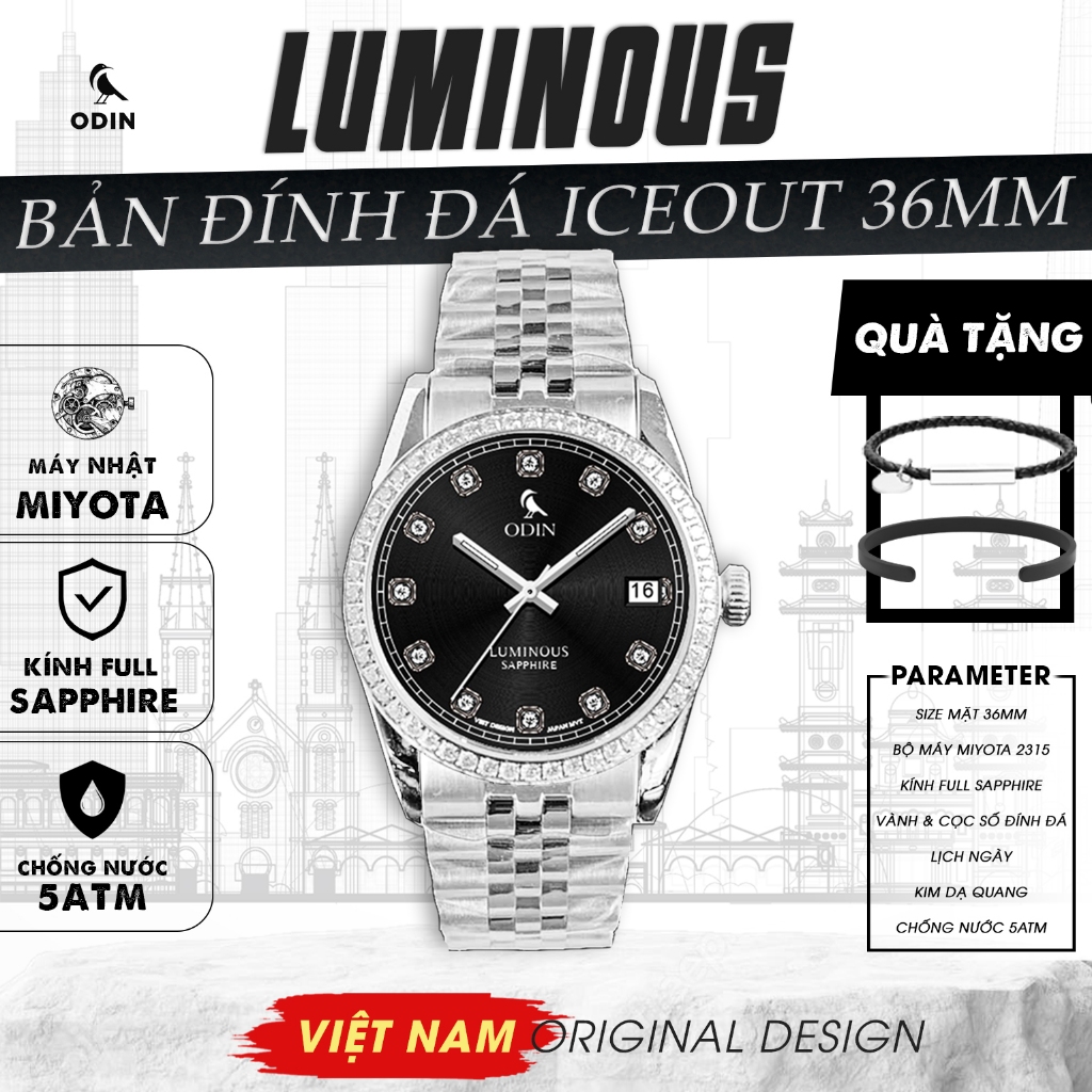 Đồng hồ ODIN Luminous Ice-Vành Benzel đính đá-Máy Miyota Nhật-Chống nước 5ATM-Kính Sapphire-Size mặt