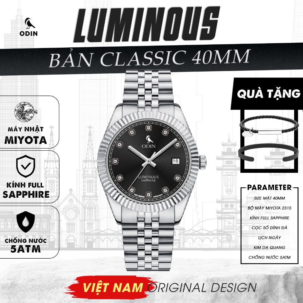 Đồng hồ ODIN Luminous Classic Size 40MM-Vành Benzel Khía-Máy Miyota Nhật-Chống nước 5ATM-Kính Sapphi