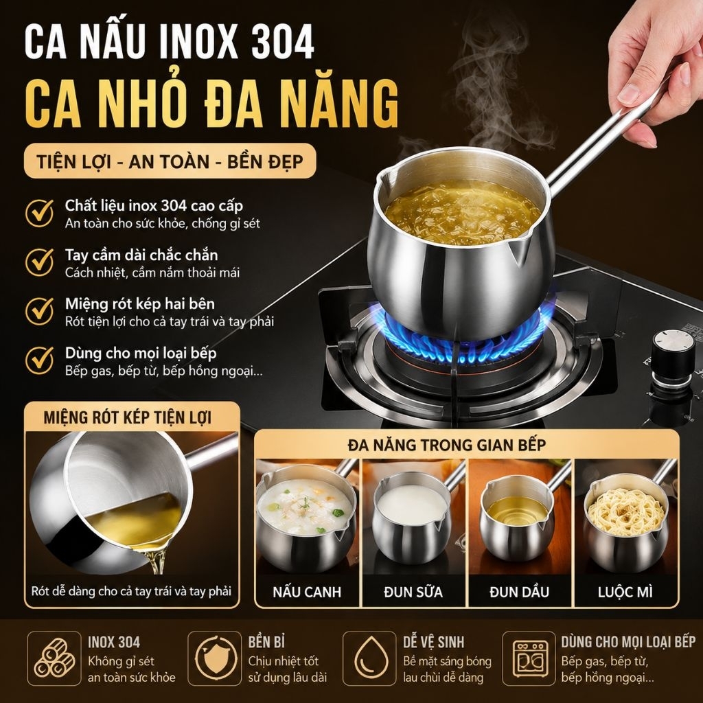 Ca Múc Dầu Nhỏ Inox 304 - Ca Nấu Nhỏ Inox 304 tiện Lợi
